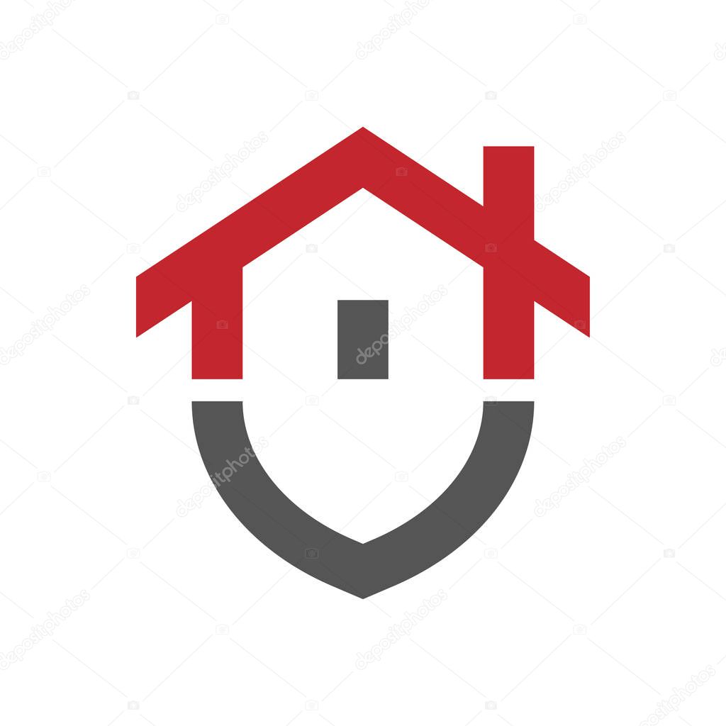 RGBHome protection logo design template. Vector shield and house logotype illustration. Graphic home security icon label. Modern building alarm symbol. Security sign badge. EPS 10