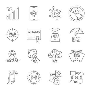 Simgeler 5. nesil 5g mobil iletişim standardı teonu üzerine kurulmuştur. Uygulamalar, web, kullanıcı arabirimi ve diğerleri için ilgili 5g doğrusal simgeler. Kullanılabilir Vuruş. Eps 10.