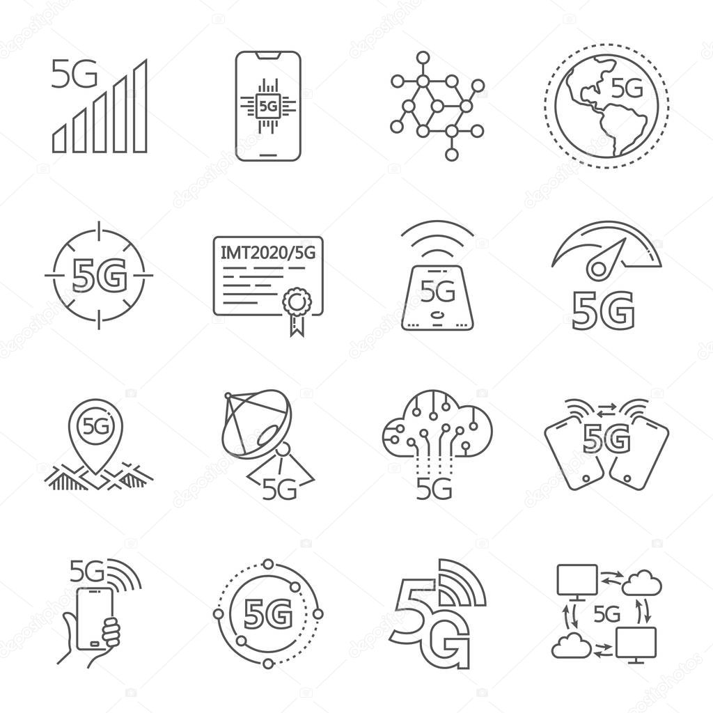 Icons set on theme of the 5th generation 5G mobile communication standard. Related 5G linear icons for apps, web, user interface and others. Editable Stroke. EPS 10