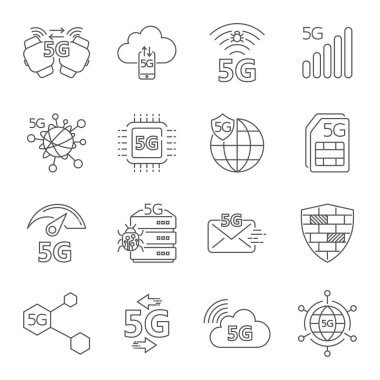5g teknolojisi kablosuz, 5g ağ, mobil iletişim 5 nesil, 5g mobil internet. Doğrusal vektör simgeleri kümesi. İnce çizgi. Kullanılabilir Vuruş. Eps 10.