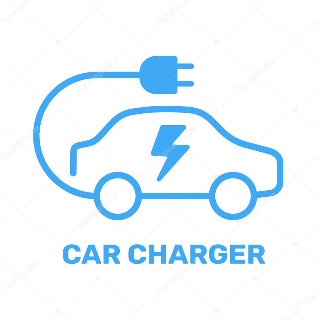 Electric vehicle power charging station. Electrical car symbol. Electric car icon with charging cable. Vector illustration. EPS 10.