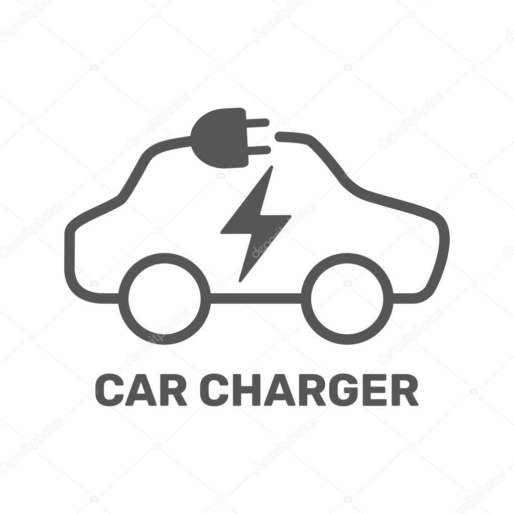 Electric car icon. Electric car charging station. Silhouette electric car in form of cable with plug. Vector Illustration. EPS 10.