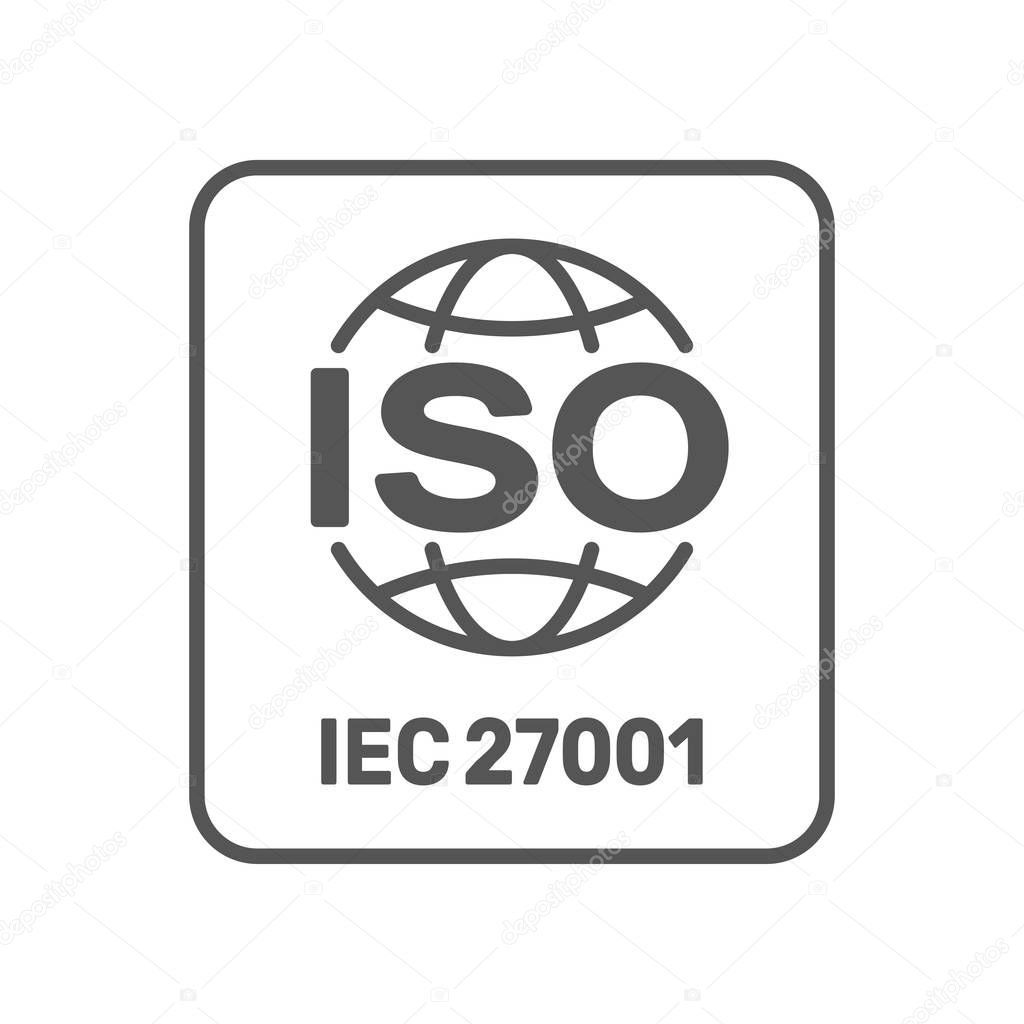 ISO 27001 certified label. ISO IEC 27001 sign. Vector illustration. EPS 10