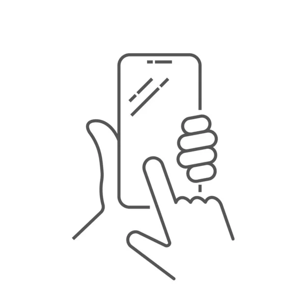 Ekranda satın alma düğmesi olan akıllı telefonu deliğe sokmak. Mobil akıllı telefon kullanarak. Cep telefonu hattı simgesi. El ele tutuşan akıllı telefon. Beyaz ekran vektörlü akıllı telefon. Eps 10.