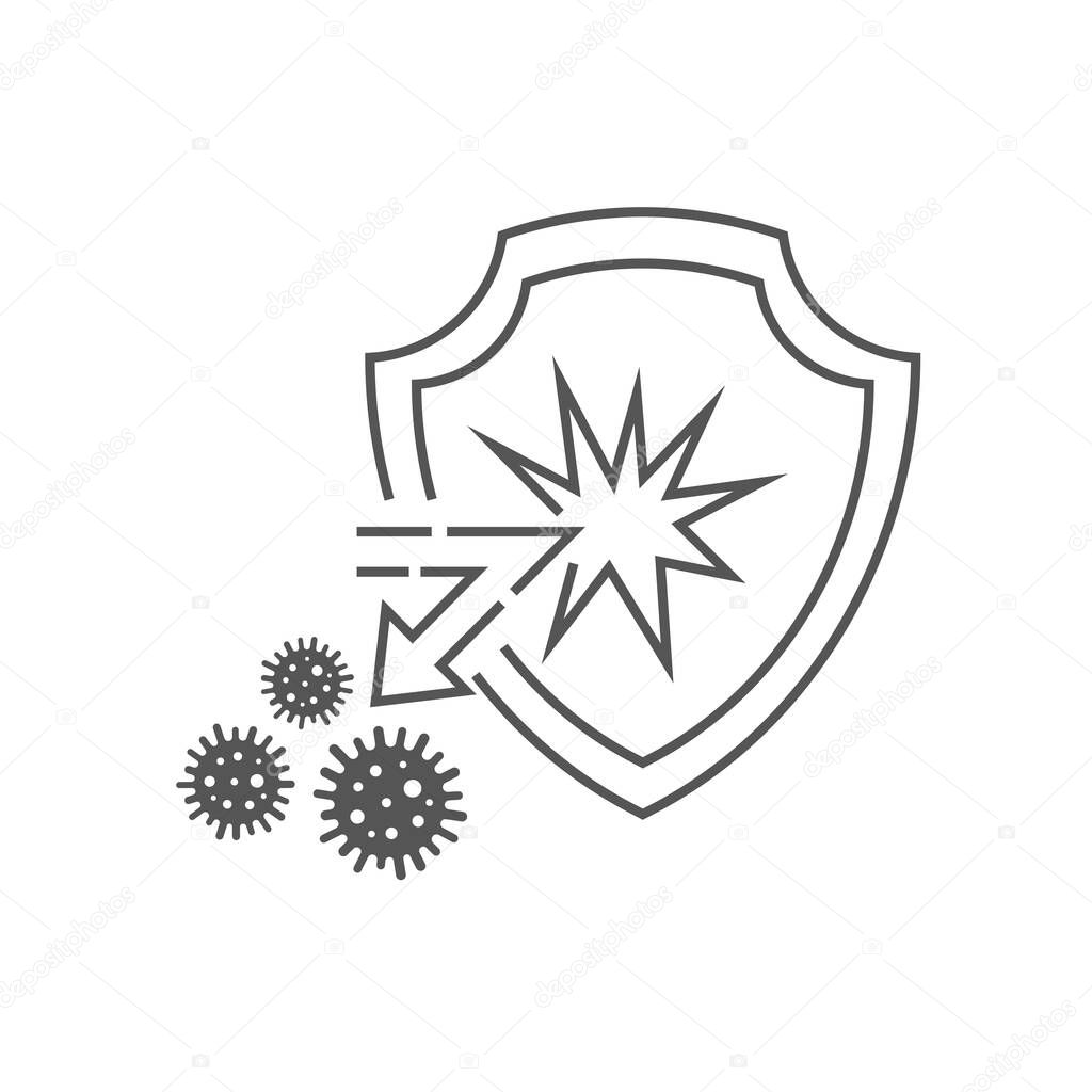 Medical immune shield reflects the attack of bacteria and viruses. The concept of the immune system, antibacterial protection health. Vector illustration isolated on white background. EPS 10.
