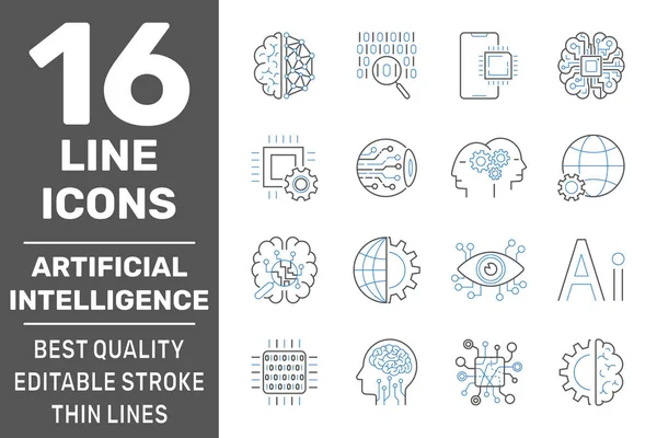 인공지능, 벡터 라인 아이콘 세트. 뇌경색이야. Eps 10 — 스톡 벡터