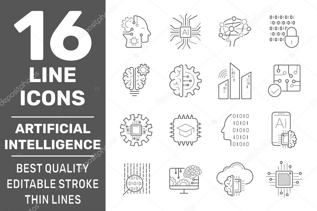 Set of AI, IoT and machine learning line icons. Simple pictograms pack. Modern icons collection in outline style. Vector illustration on a white background. EPS 10