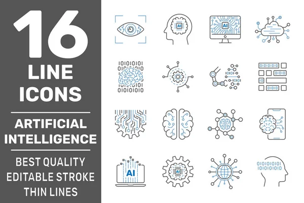 Vector set van 16 dunne pictogrammen met betrekking tot kunstmatige intelligentie en data science. Line pictogrammen en infographics design elementen. Bewerkbare Stroke. Eps 10 — Stockvector