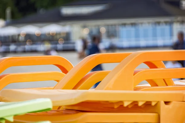 Colorfoul deckchairs with sand and beach — Stock Photo, Image