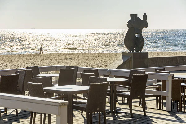 Vissen sculptuur standbeeld met strand in Gdynia — Stockfoto