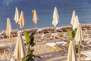 Cannes 'da yat tekneleri ve plaj şemsiyesi olan deniz Körfezi