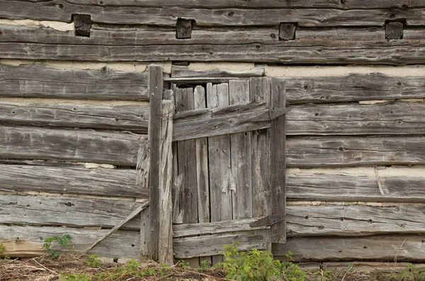 Velha porta desgastada em uma antiga parede de cabine abandonada — Fotografia de Stock