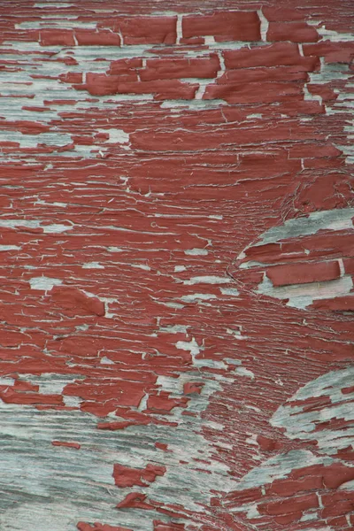 Weathered grungy peeling red paint on old grey plywood — Stock Photo, Image