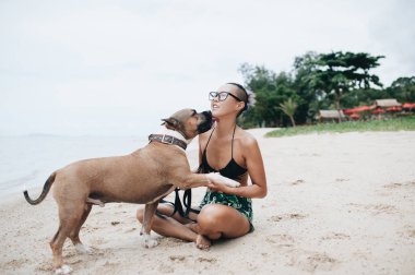 Oturma ve onun köpeği kumsalda sarılma eyeglases neşeli genç ve güzel kadın
