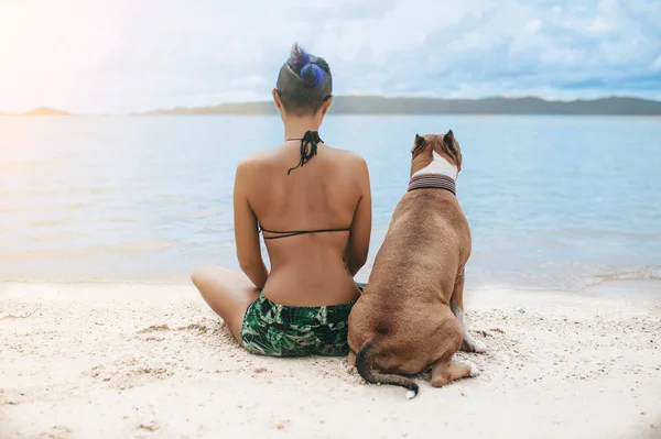 Eyeglases 座っていると ビーチで彼女の犬を抱いてで陽気なかなり若い女性 — ストック写真