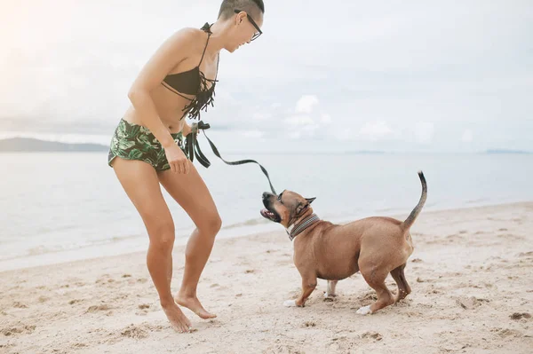 Jovem Mulher Bonita Alegre Óculos Brincando Com Seu Cão Praia — Fotografia de Stock
