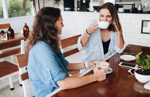 Cheerful female friends chatting in cafe. Two beautiful young women gossiping and drinking coffee. Friendship concept