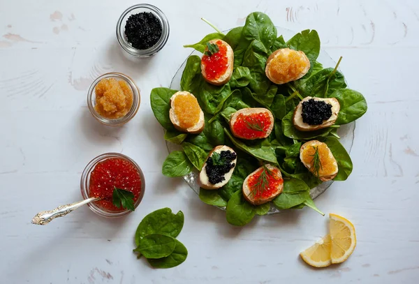 Sanduíches com caviar de salmão vermelho, caviar preto de esturjão e caviar de lúcio na placa de espinafre — Fotografia de Stock