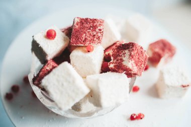 Beyaz arka plan üzerine hindistan cevizi ve kızılcık serpme ile ev yapımı şeker kuş sütü