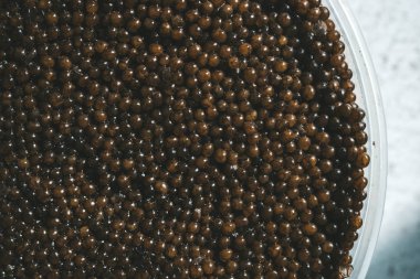 Beyaz arka plan üzerinde kutu mersin balığı siyah havyar