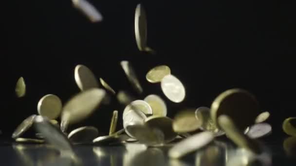 Falling Coins Slow Motion Dark Background — Stock Video