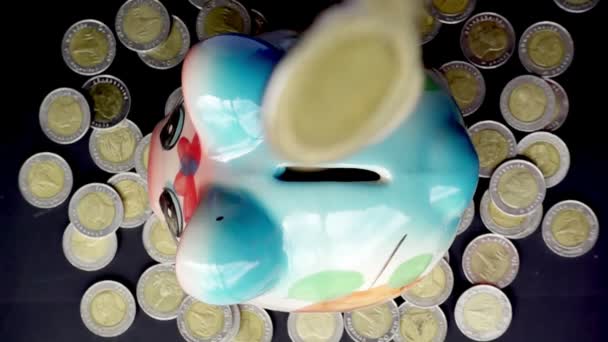 ピギーバンクスローモーションに落ちるコイン — ストック動画