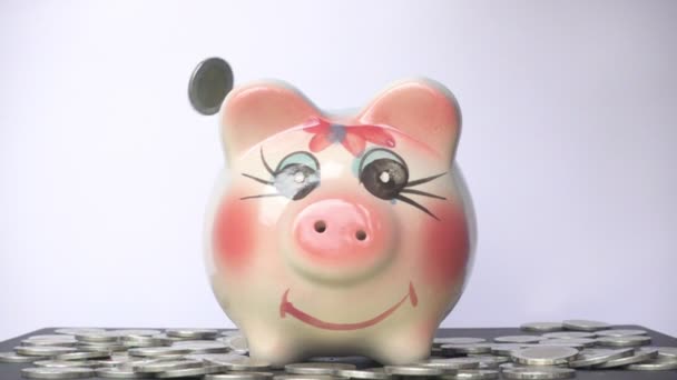 Монеты Падающие Банк Свиньи — стоковое видео