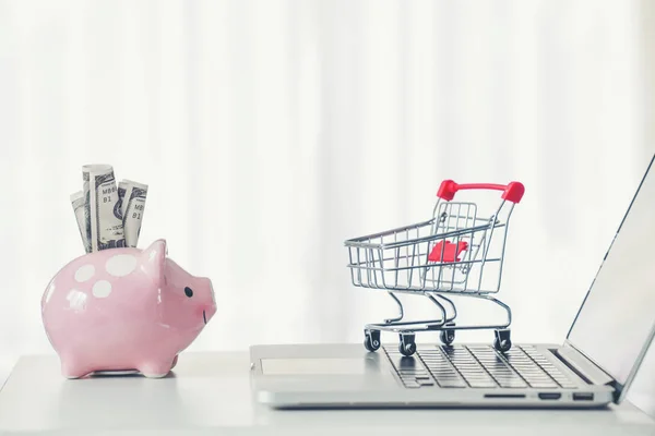 Shopping cart and piggy bank with laptop on the desk — Stock Photo, Image