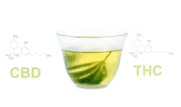 Cbd ve thc sembolü ile marihuana bitkisel çay — Stok fotoğraf