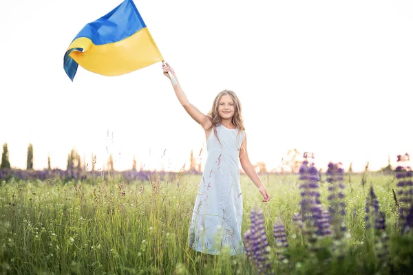 Kind Draagt Fladderende Blauwe Gele Vlag Van Oekraïne Lupine Gebied — Stockfoto