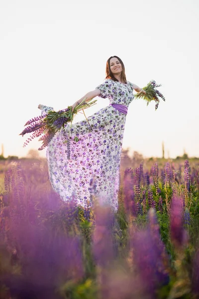 Vacker Flicka Violett Klänning Håller Lupin Solnedgången Fältet Begreppet Natur — Stockfoto