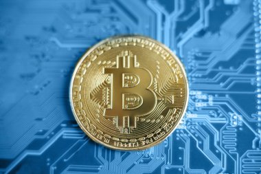 Bitcoin makro çekim mavi anakart, bitcoin incelemesi kavramı üzerinde