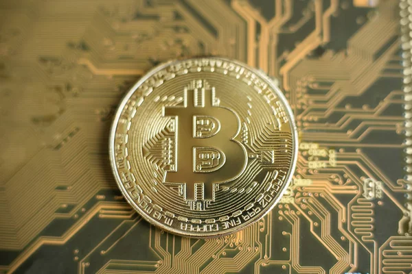 Macro Shot Bitcoin Sulla Scheda Madre Concetto Estrazione Bitcoin — Foto Stock