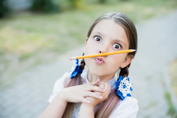 背景の秋の公園に机に座って美しい若い女子高生の肖像画 別れの鐘 知識の日 学年の初め — ストック写真