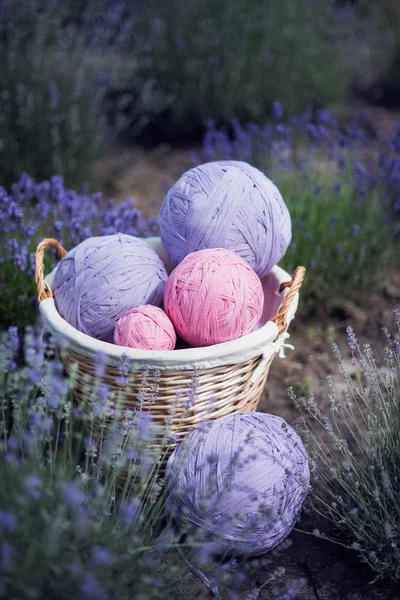 basket with big tangles of thread stands in lavender field.