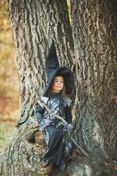Piękna Dziewczyna Czarownica Dziewczynka Stroju Które Świętować Halloween Odkryty Zabawy — Zdjęcie stockowe