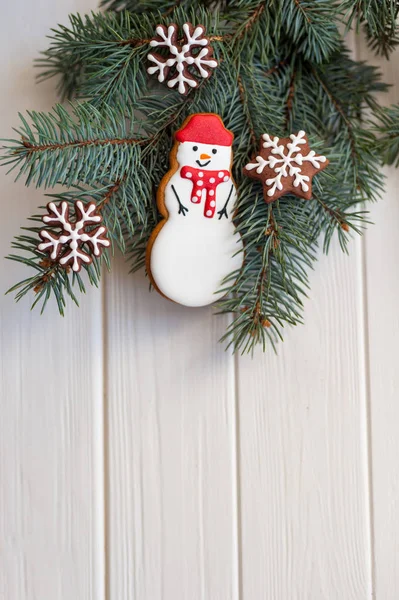 Christmas Gingerbread Cookie Fir Cones Spruce Branches Wooden Background Top — Stock Photo, Image