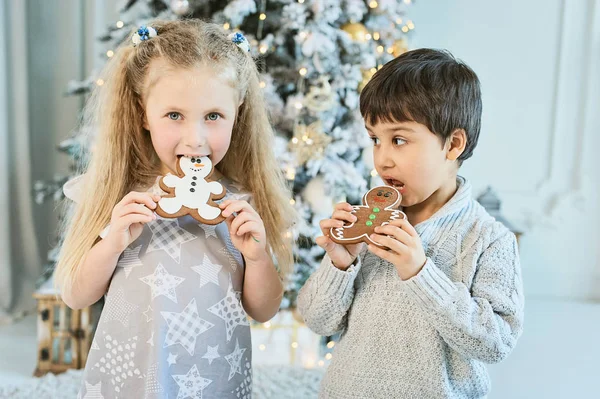 Menino Menina Sentam Chão Debaixo Árvore Natal Crianças Comem Gengibre — Fotografia de Stock