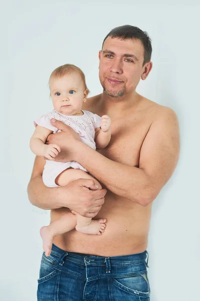 Indoor Portrait Young Father Hugging His Little Toddler Daughter Family — Stock Photo, Image