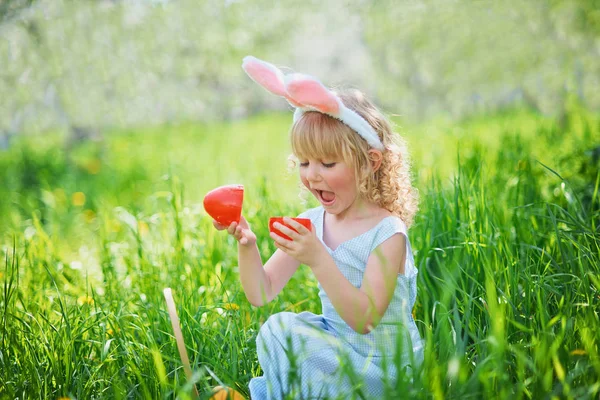 Cute Funny Girl Easter Eggs Bunny Ears Garden Easter Concept — Stock Photo, Image