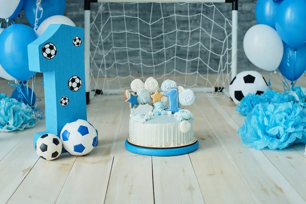 Ozdoba Tło Uroczysty Urodziny Mówiąc Litery Jedna Niebieski Balony Studio — Zdjęcie stockowe