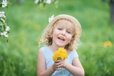Küçük kız bir karahindiba koklama. Elma bahçesi çiçek koklama kız. Bahçe çiçekli ağaçlar ile. Mutlu çocukluk. Anti sezon, böcekler. Kız dandelions buket çelenk orchard, çayırda için toplar.