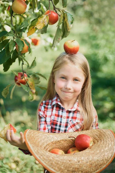 Mädchen Mit Äpfeln Apfelgarten Schöne Mädchen Mit Frischen Äpfeln Obstgarten — Stockfoto
