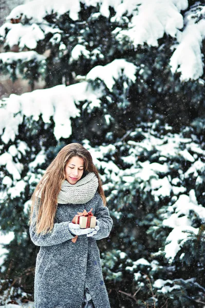 Красивая Молодая Девушка Сером Пальто Зимнем Лесу Проведение Украшения Скопировать — стоковое фото