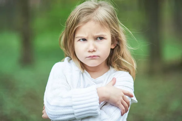 Portrait Sad Unhappy Little Girl Little Sad Child Lonesome Upset — Stock Photo, Image