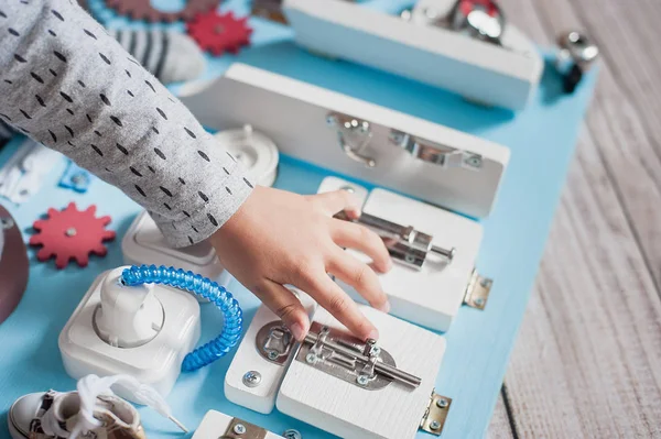 Cute Left Handed Toddler Baby Playing Busy Board Home Busy — Stock Photo, Image