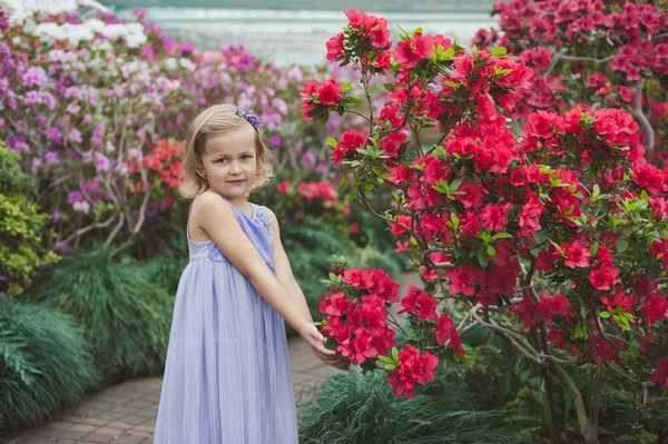 Chica Oliendo Flores Azaleas Azaleas Florecientes Parque — Foto de Stock