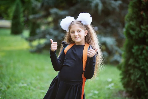 Portret Van Een Gelukkige School Meisje Permanent Met Rode Appel — Stockfoto