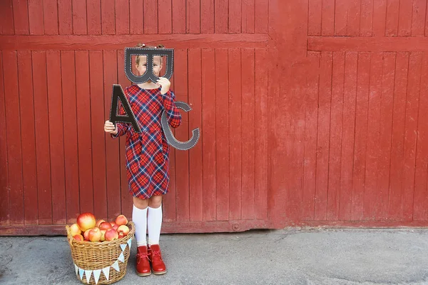 Портрет Красивой Молодой Школьницы Красном Деревянном Фоне Большими Буквами Abc — стоковое фото