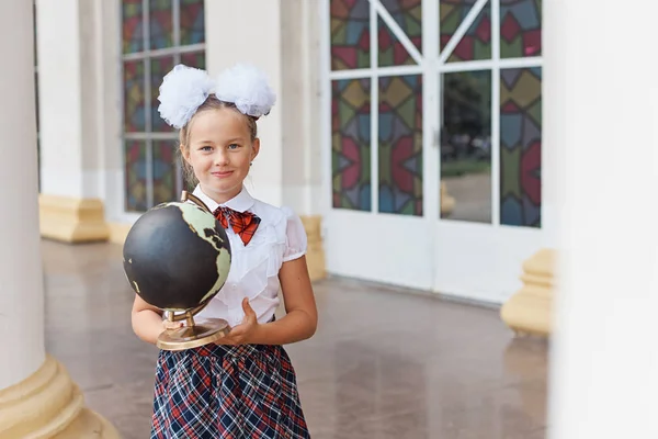 Portrait Beautiful Young First Grader Farewell Bell Day Knowledge Beginning — Stock Photo, Image